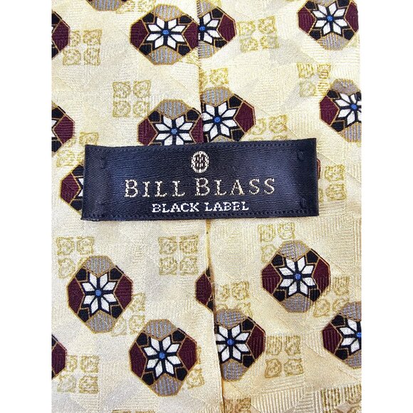 Bill Blass Black Label Tie 100% Silk Geometric Floral Pattern Yellow Burgundy - Picture 3 of 7